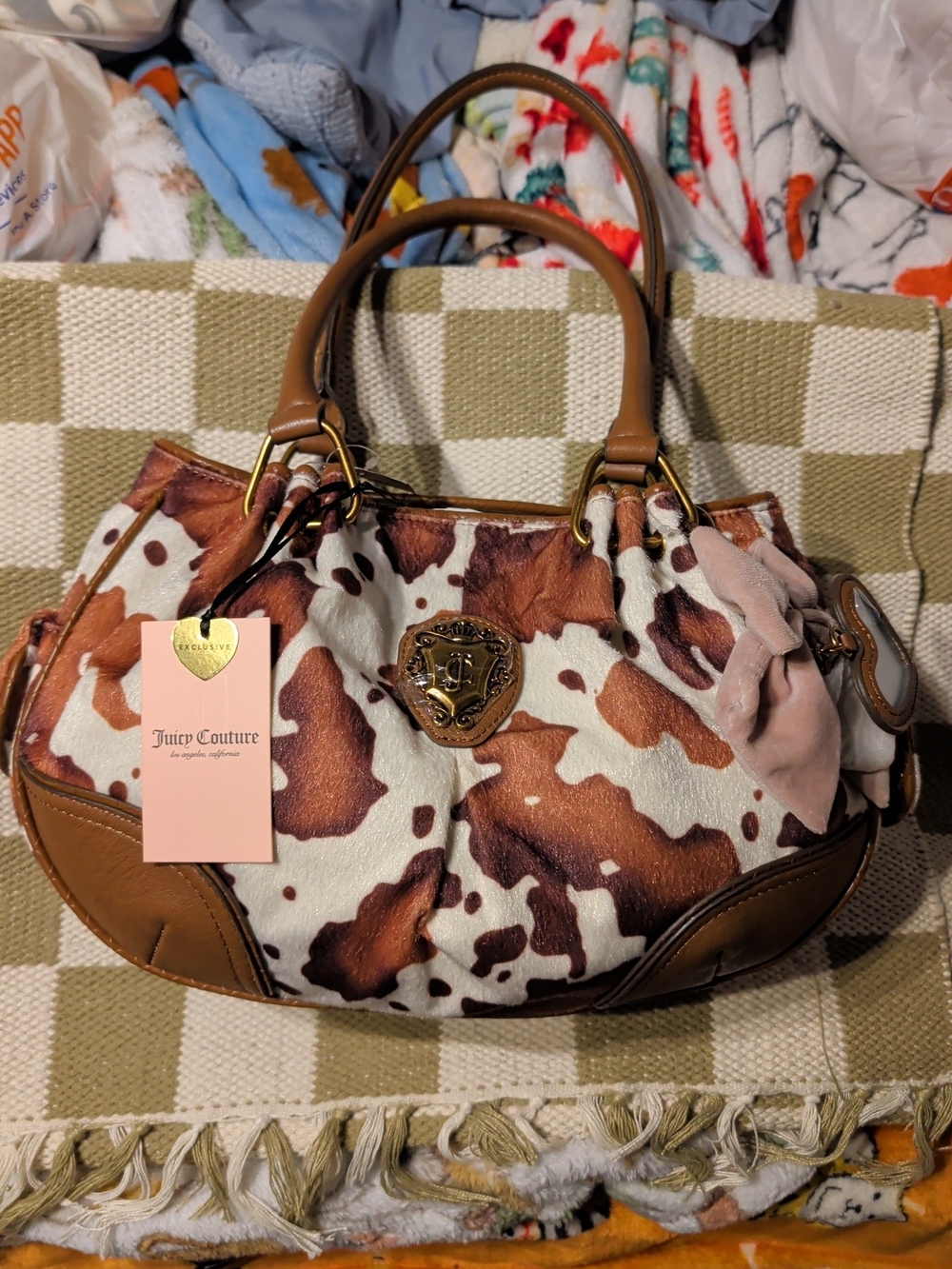 Juicy Couture Brown & White Cowhide Cowgirl Pink Bow Satchel Bag Nwt
